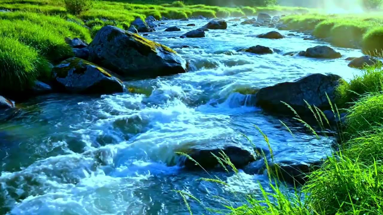 Sound of waterfall, mountain forest river for calming mind, stress and meditation