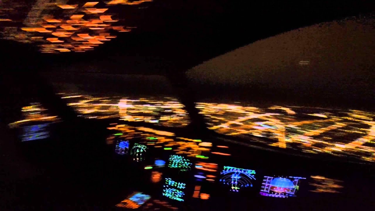 A320 Night Landing KCLE Flight Deck View