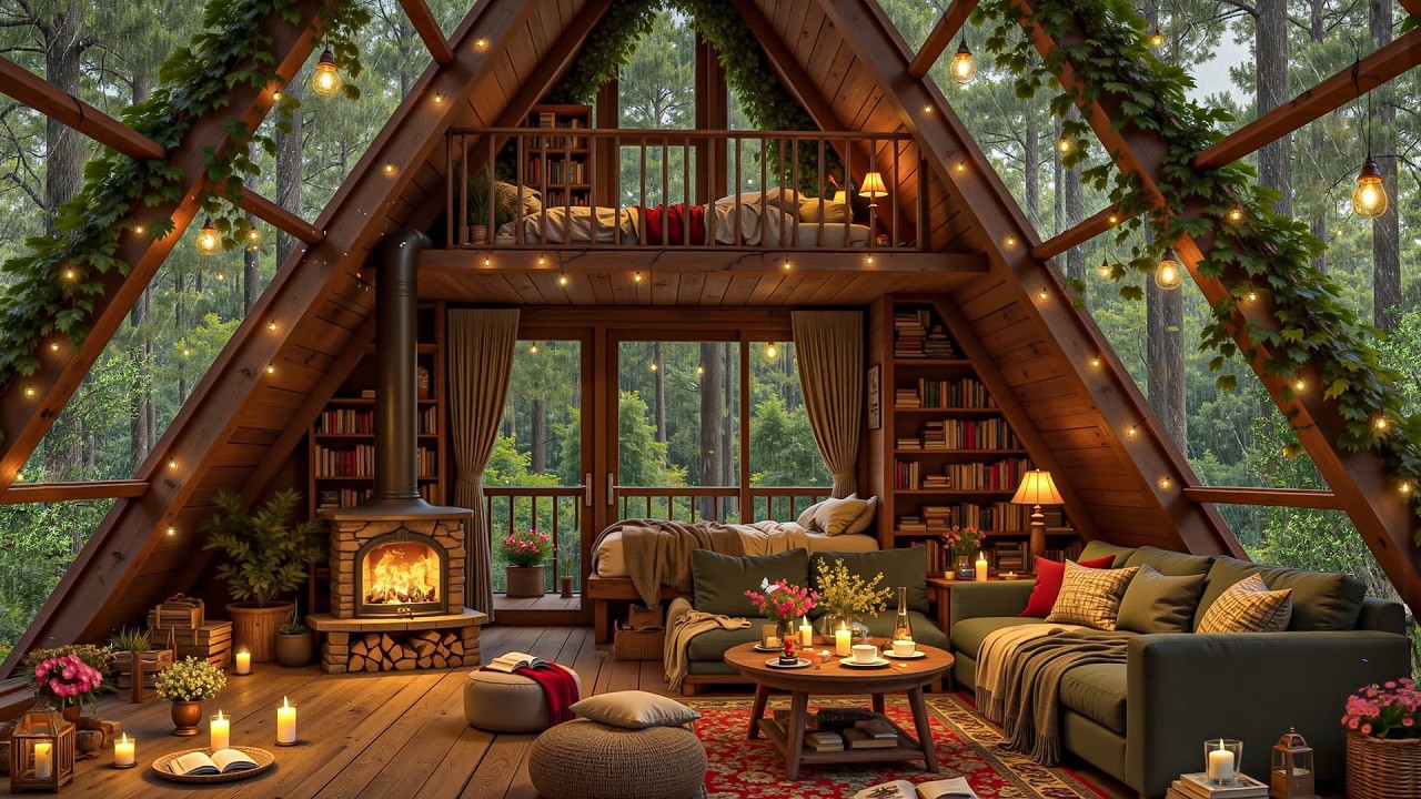 Cozy Forest Cabin Fireplace Ambience 🌧️🔥 Spring Rain Sounds for Deep Sleep & Relaxation