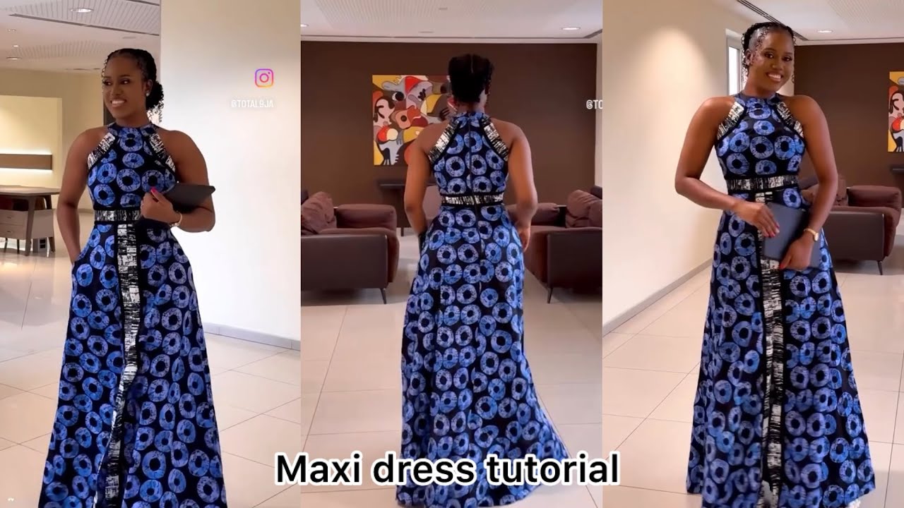 Parts 2 Trendy two color Maxi dress tutorial with halter and front slit