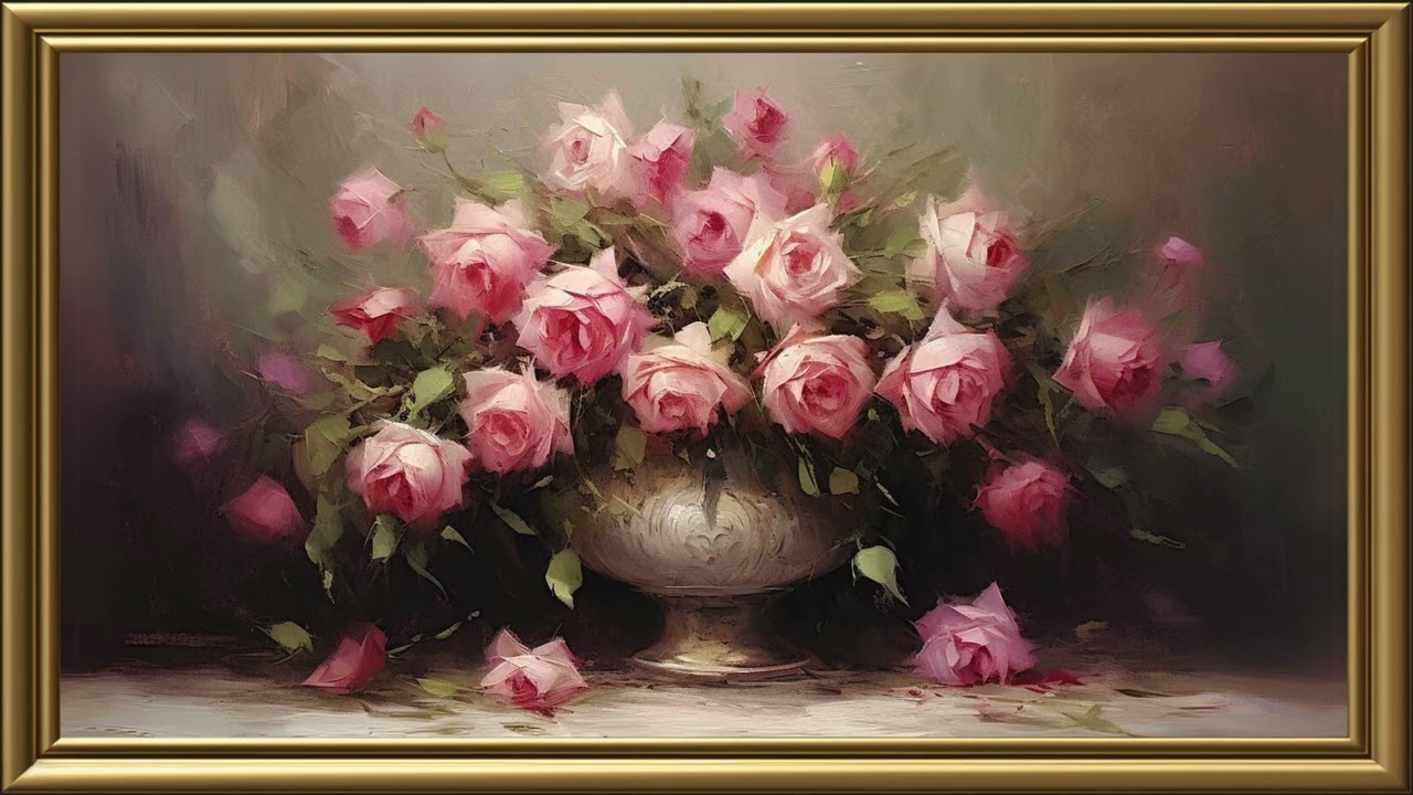 Vintage Pink Roses Bunch Painting | Gold Frame TV Art Screensaver for TV Wallpaper
