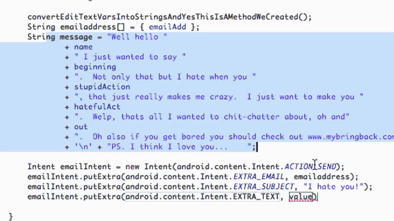 Android Application Development Tutorial - 37 - PutExtra method for an Email Intent