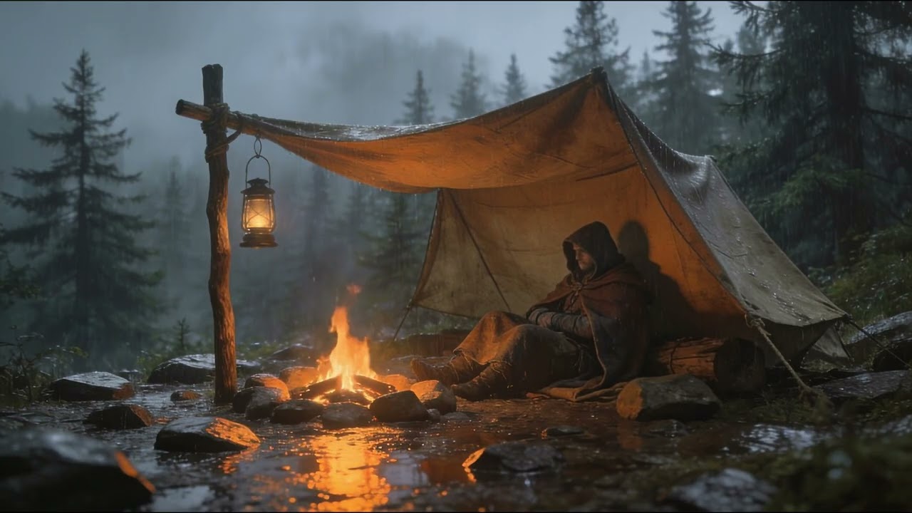 Rainy Medieval Campfire at Dusk | Cozy Shelter Ambience for Sleep, Study & Calm