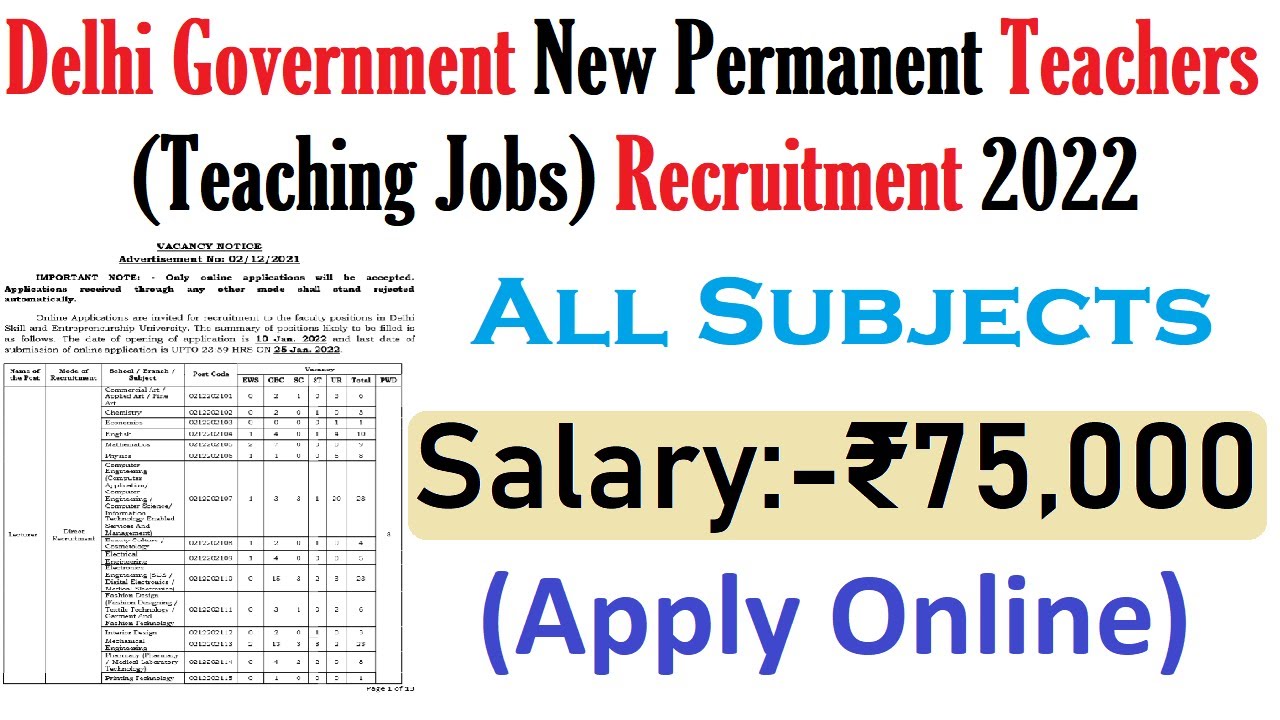 Delhi Government New Permanent Teachers (Teaching Jobs) Recruitment 2022  |  ONLINE आवेदन शुरू