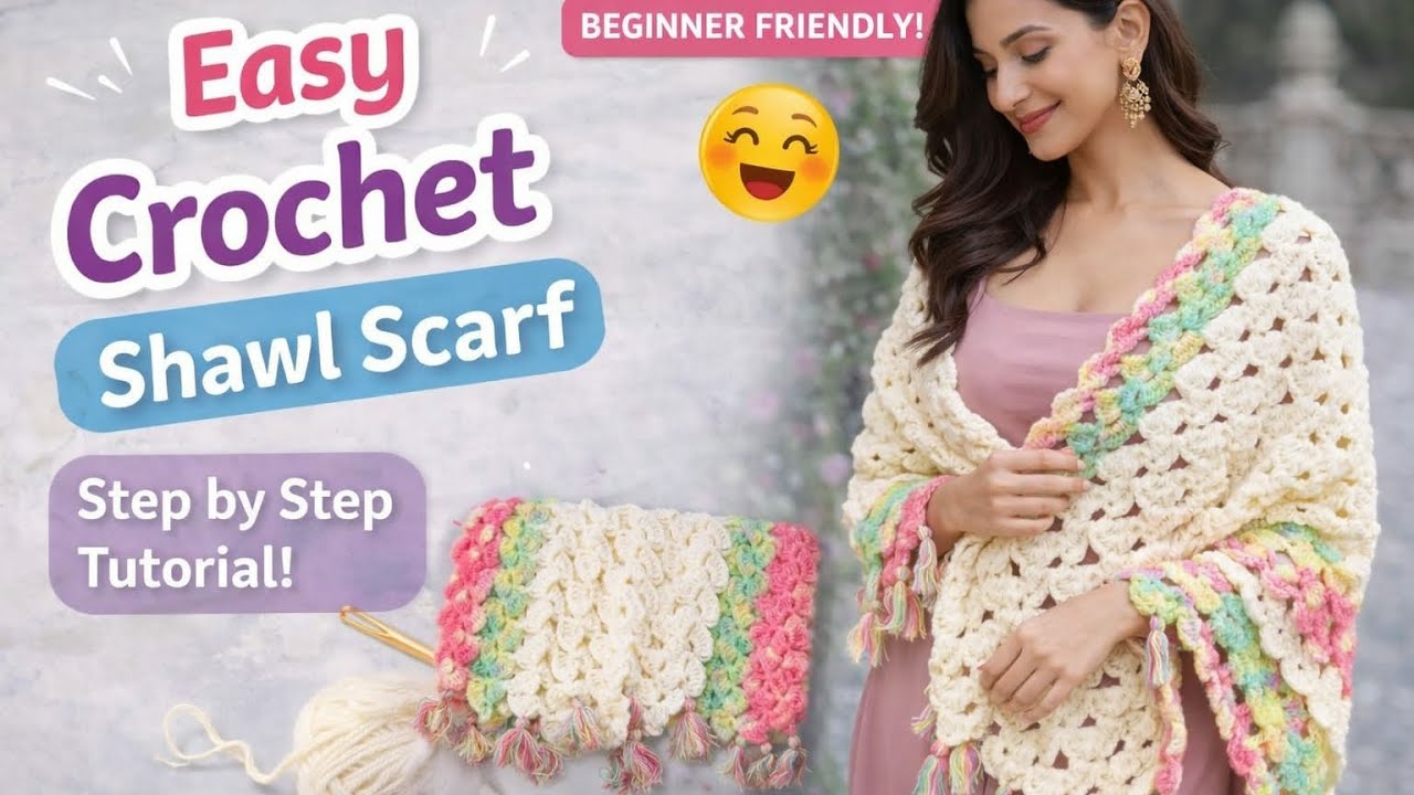 Easy Crochet Shawl Scarf for Beginners 🧶| Step by Step Tutorial in Hindi English #ytvideos #crochet 