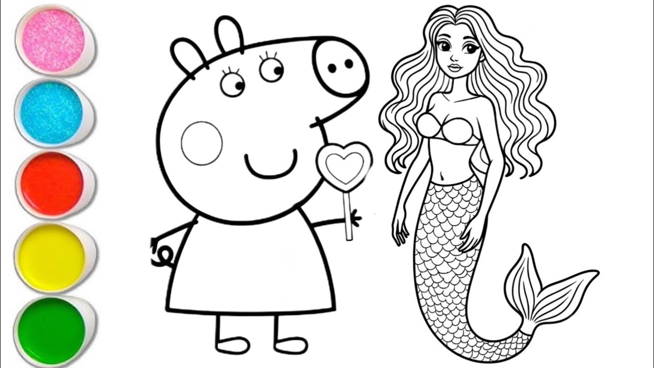 Peppa pig with mermaid drawing and coloring for kids and toddlers || easy peppa pig drawing for kid