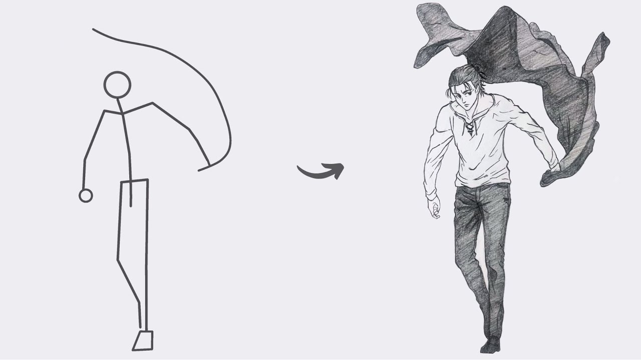 How to draw Eren Yeager Full Body out of Stick Man | Easy Step by Step