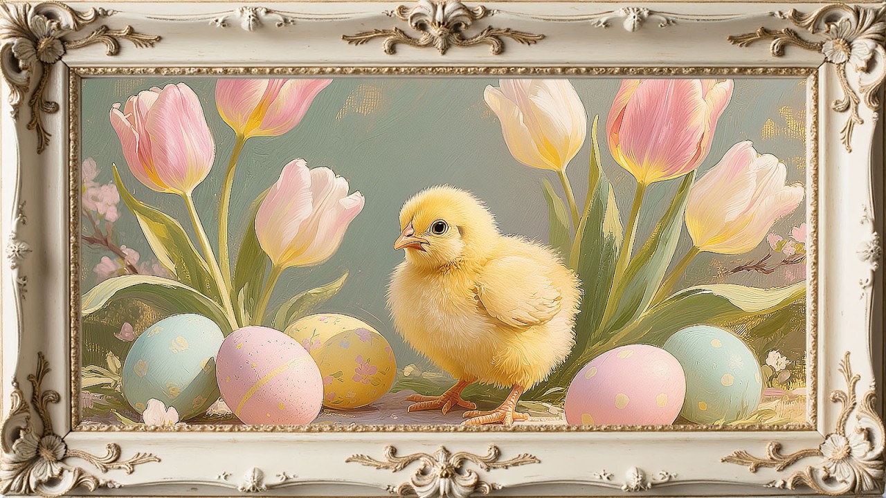 Easter Chick & Tulips Oil Painting Peaceful Easter Dawn Music Spring TV Art Screensaver
