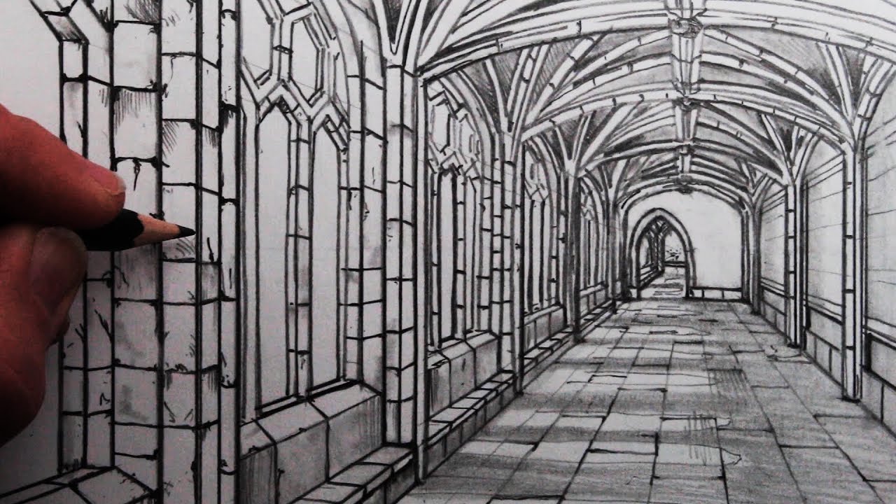 How to Draw a Medieval Hallway in One Point Perspective: Cloisters