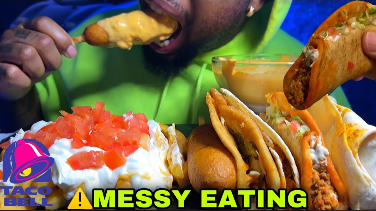 ⚠️MESSY EATING SPICY CHEESE SAUCE🤤 TACO BELL CHALUPAS, TACOS, SUPREME FRIES, CORN DOGS