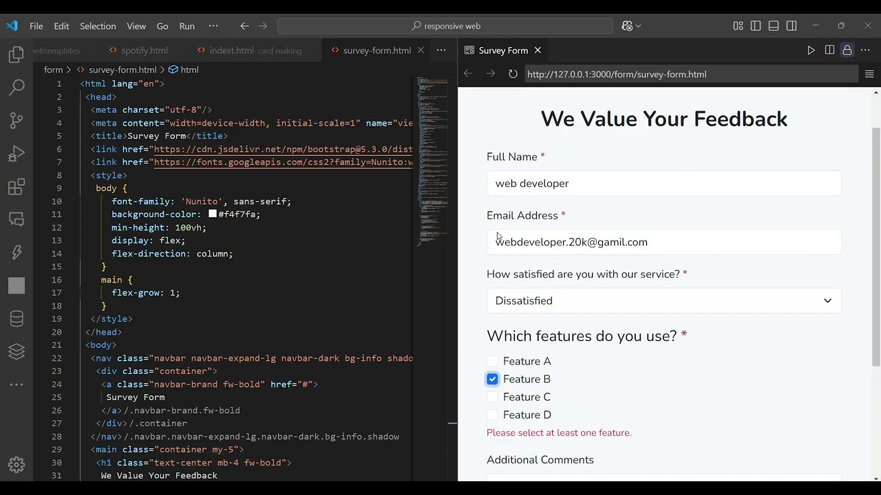 build Survey Form using html css and javascript  responsive webpage
