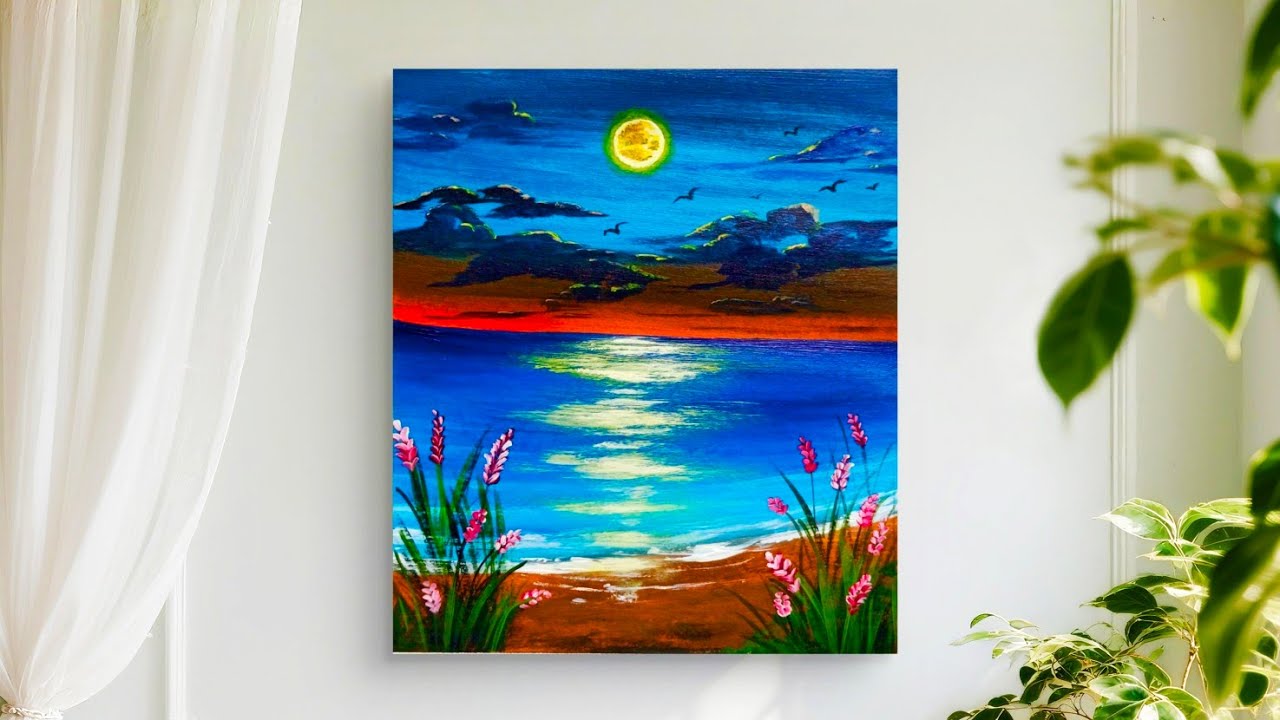 Easy Beach Sunset Painting/Step by Step Acrylic Painting Tutorial/ Easy Ocean Sunset Painting 