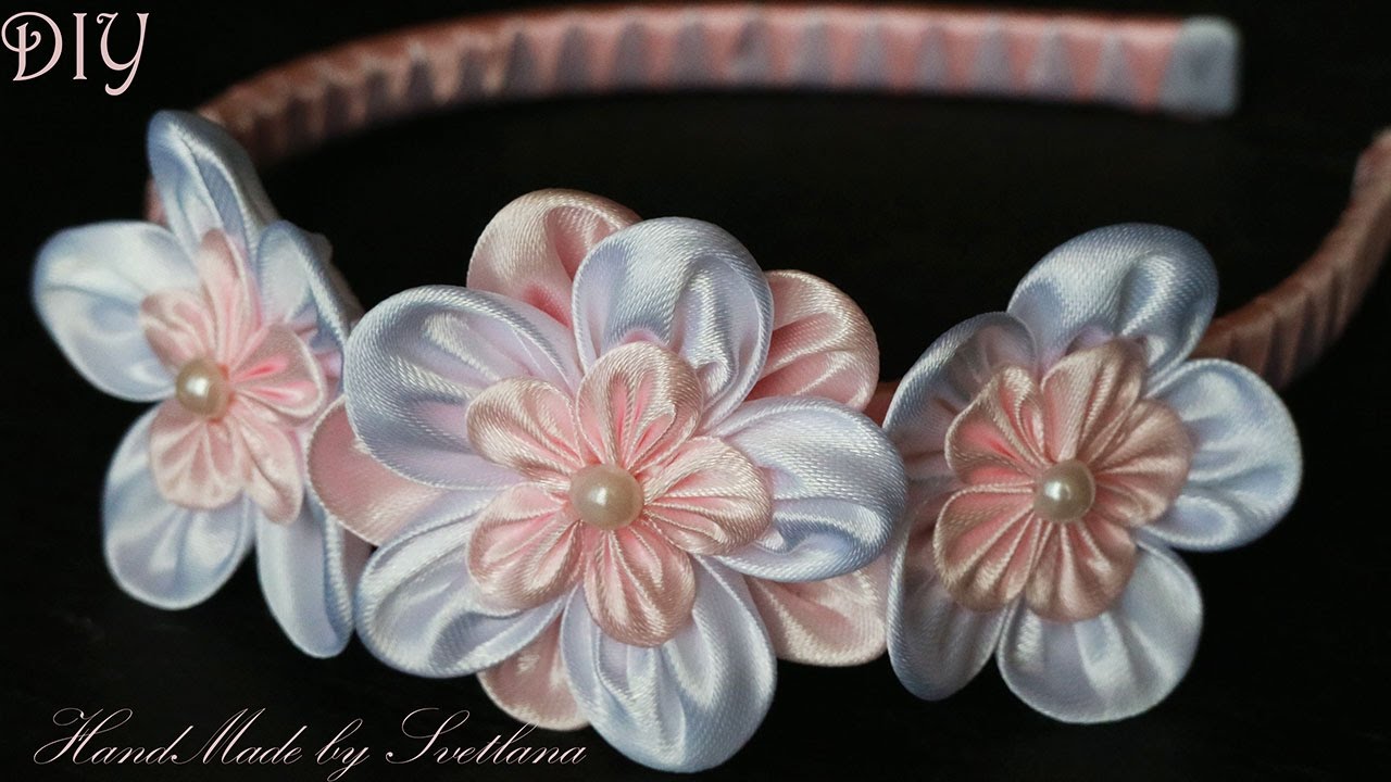 Весенний ободок с цветами Канзаши Мастер класс DIY Spring hoop with flowers Kanzashi