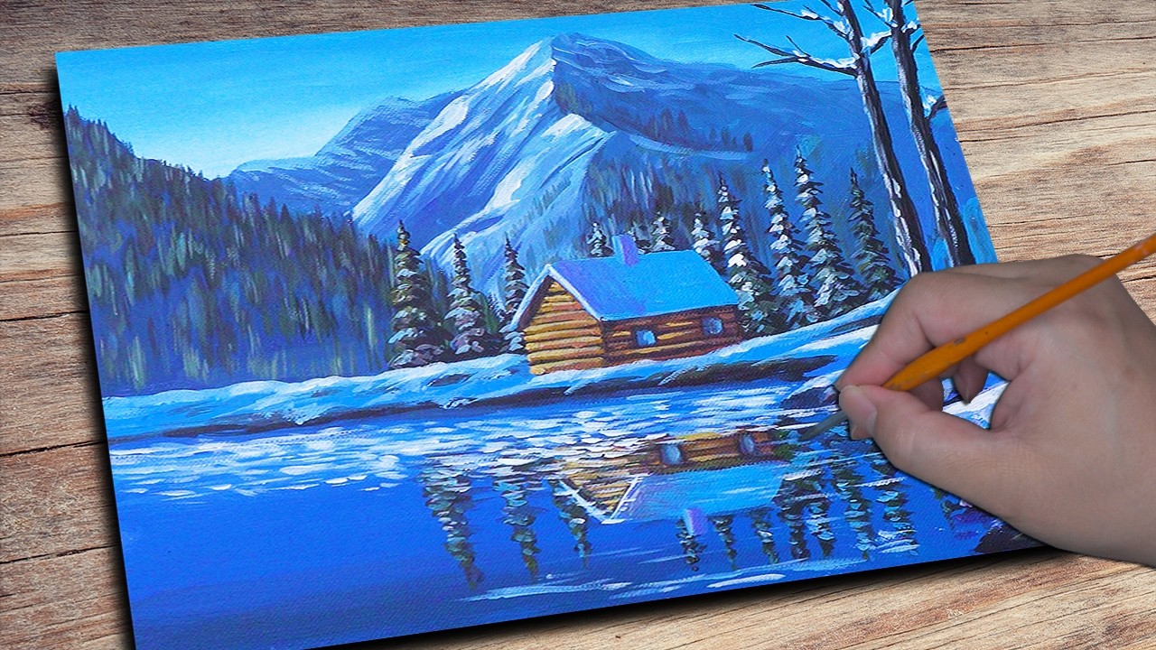 Calm winter lake painting | Acrylic Painting