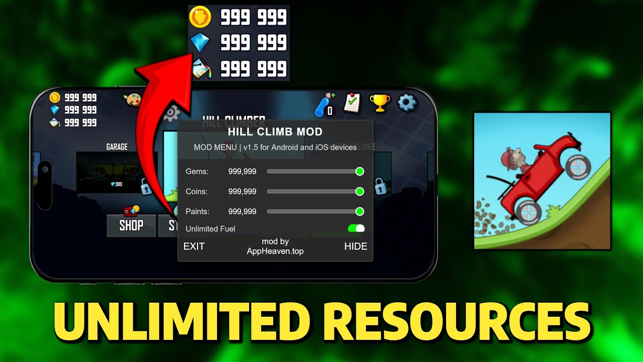 Hill Climb Racing Hack Working on iOS and Android Get Free Gems and Coins Fast