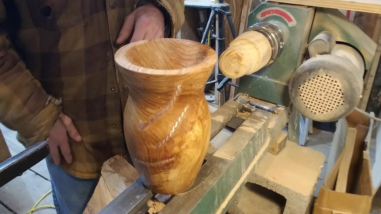 Enhancing The Cracks With Twisted Copper Wire - Hickory Vase - Woodturning