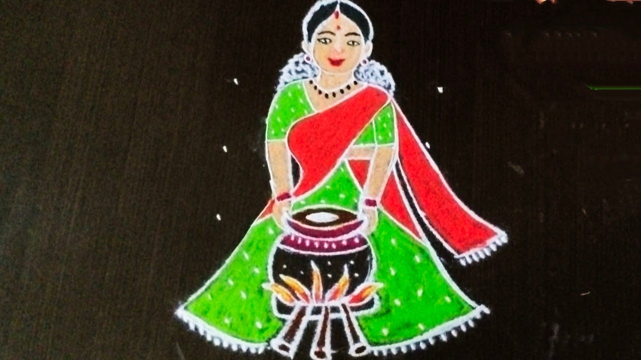 Sankaranti special traditional girl with Pongal pot kolam/easy pongal kolam withdot@nschannelrangoli