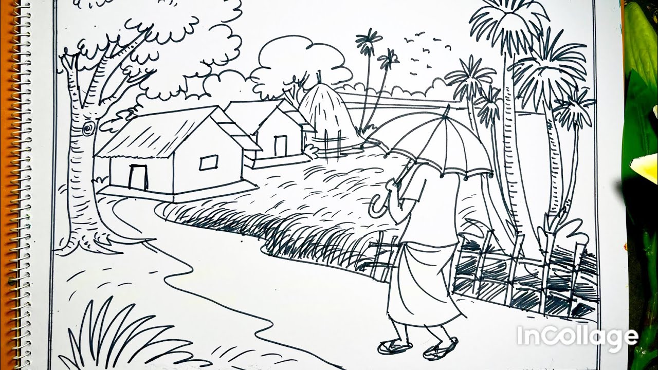 How To Draw Village Landscape Scenery With Man।।গ্রীষ্মকালের দৃশ্য আঁকা