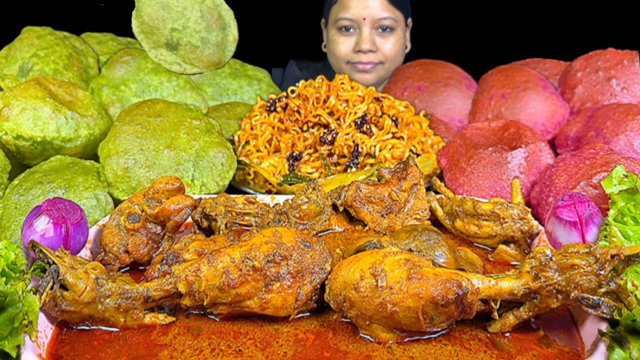 EATING PALAK LUCHI/PURI, BEETROOT PURI, SPICY CHILLI MASALA MAGGI & CHICKEN CURRY  | EATING SHOW 