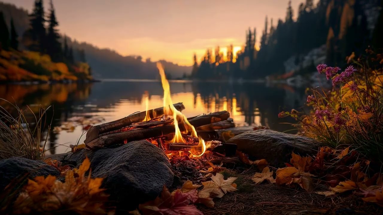 🍂🔥 Listening to the Crackling Autumn Fire &mdash; Cozy Lakeside Relaxing Ambience 📚