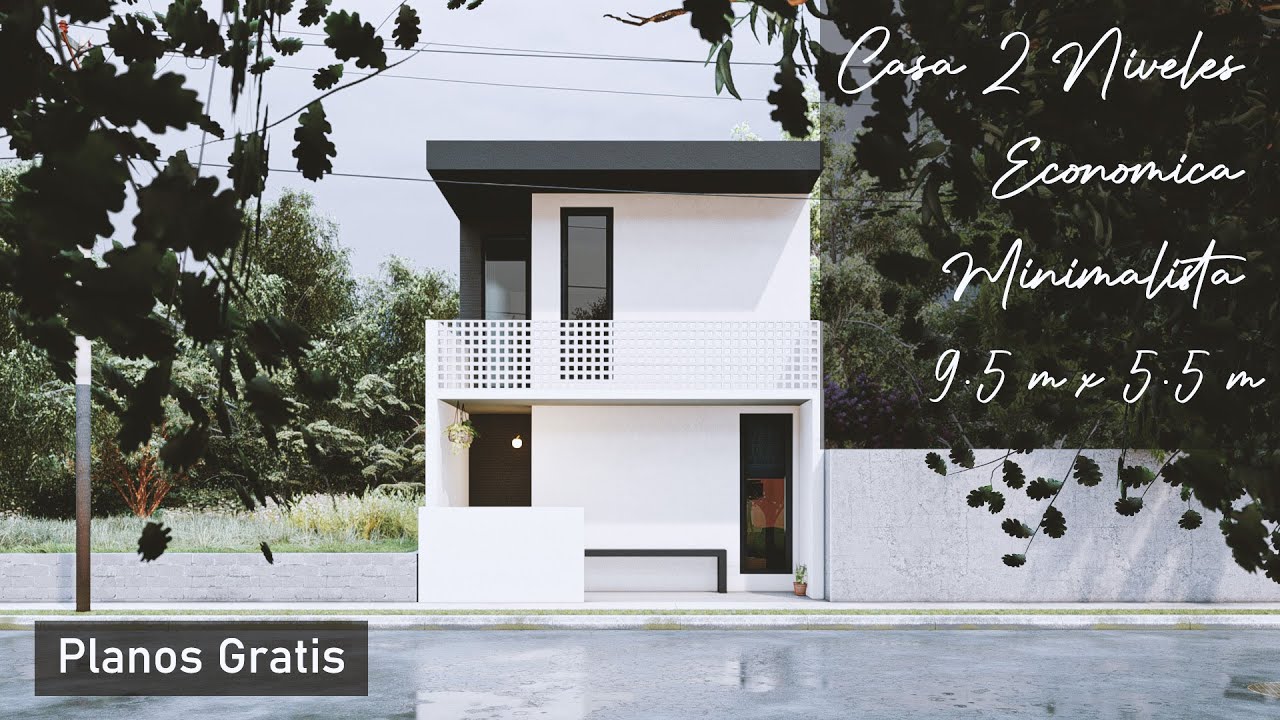 Diseño de Casa 2 Niveles MINIMALISTA 9.5 x 5.5 m | Planos de casas GRATIS | Casa económica pequeña