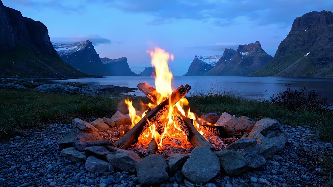 | 4K | Blue Hour Fjord Campfire ASMR 🔥 Relaxing Fire, Sea & Mountains | 2 Hours Real Sounds No Music
