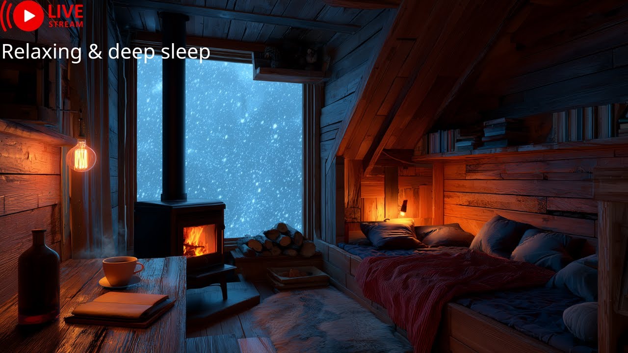 Cozy Winter Cabin at Night – Snowfall & Fireplace Ambience