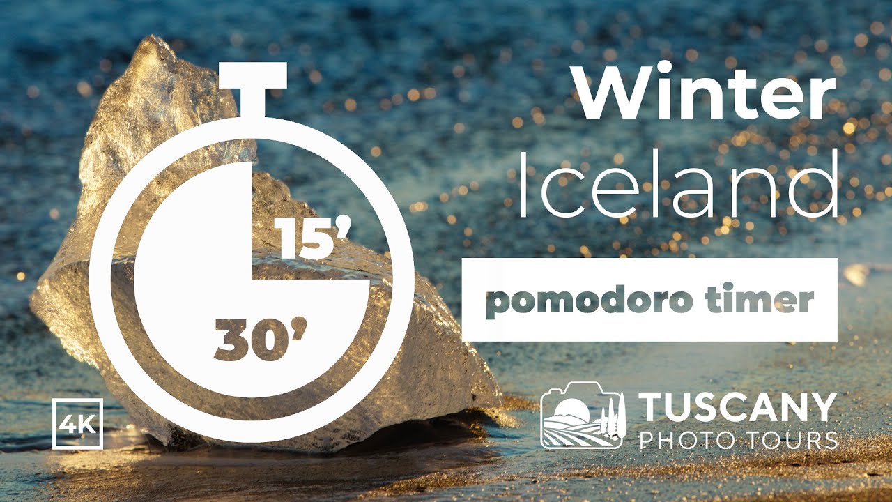 Pomodoro Timer 30/15 — Iceland Winter 4K | Jokulsarlon, Kirkjufell, Diamond Beach