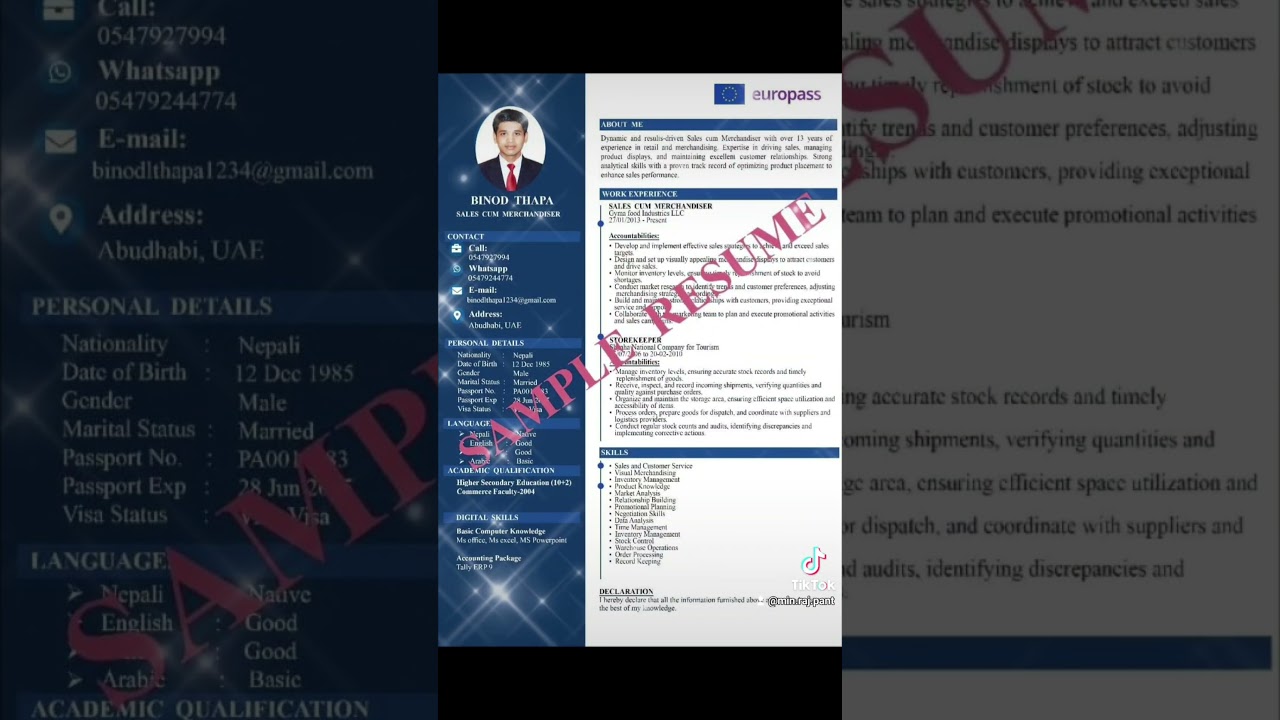 Europass CV and Professional CV Only 10 AED WhatsAp +971562419194 Min Raj Pant, M.Ed./MDICA Computer