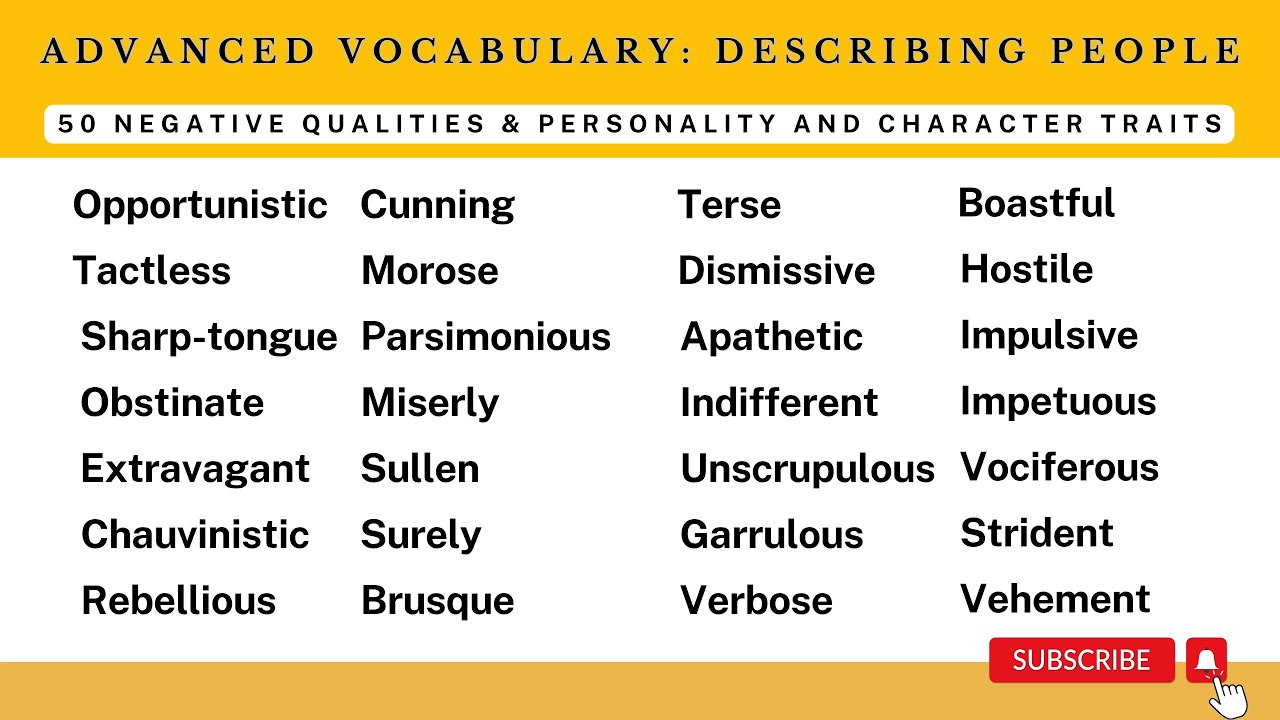 50 ADVANCED ENGLISH WORDS | Describing people: Negative qualities & Personality and Character Traits