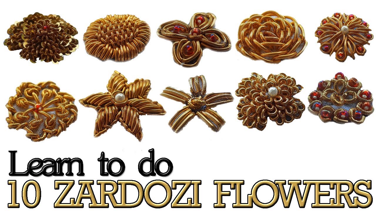 Hand Embroidery Zardosi Flower Work|Learn 10 Zardozi/Dabka/Frenchwire Flowers| Zardosi Work Tutorial