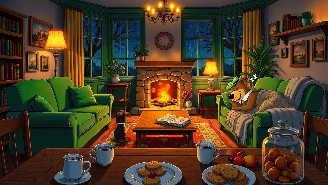 a quiet night by the fireplace with classic oldies playing in another room to relax, unwind to