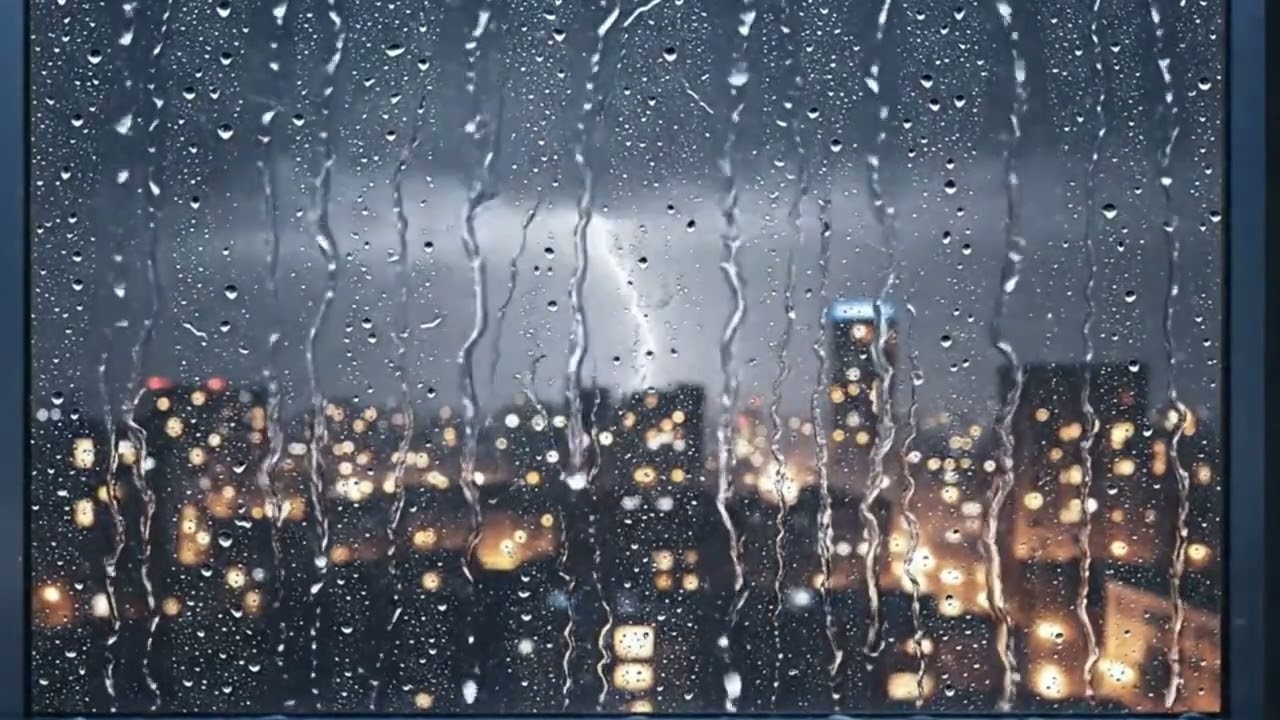 Midnight Rain on a High-Rise Window with Distant Thunder Over the Sleeping City