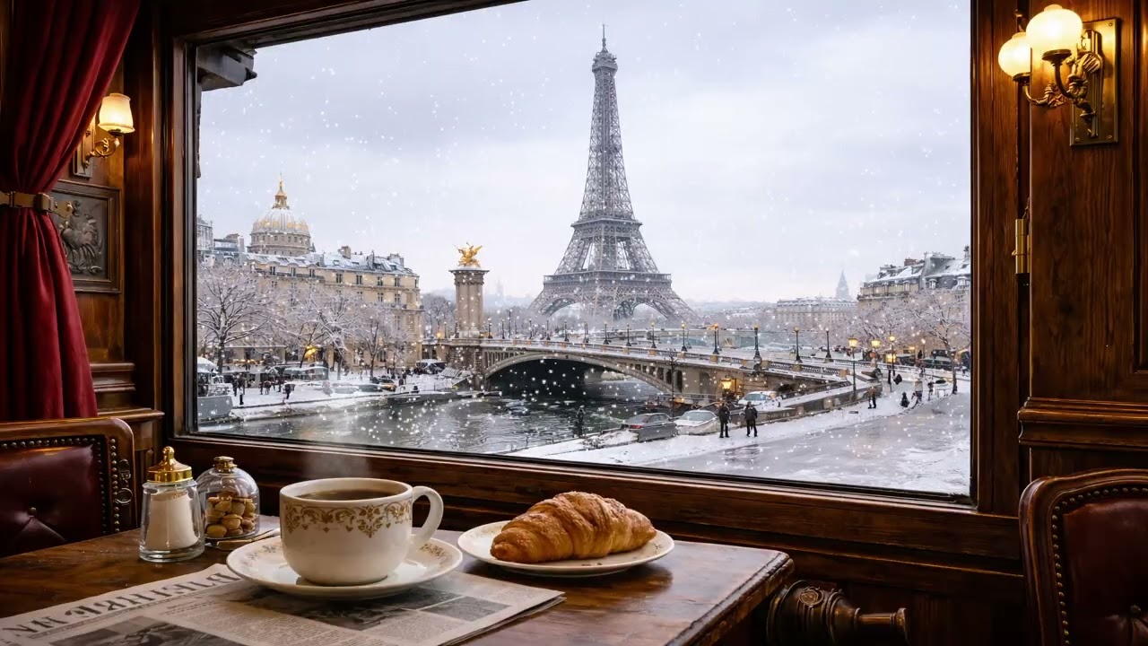 Snowy Paris Café Ambience ☕❄️ Jazz Piano by the Eiffel Tower | Cozy Coffee Shop Window in Winter(4K)