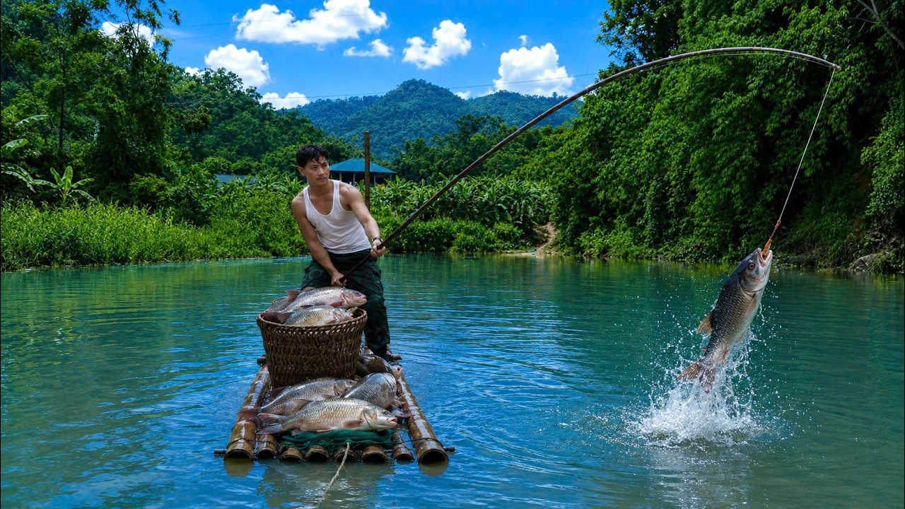 Catching giant fish in the stream, raising pigs, and harvesting clean food.