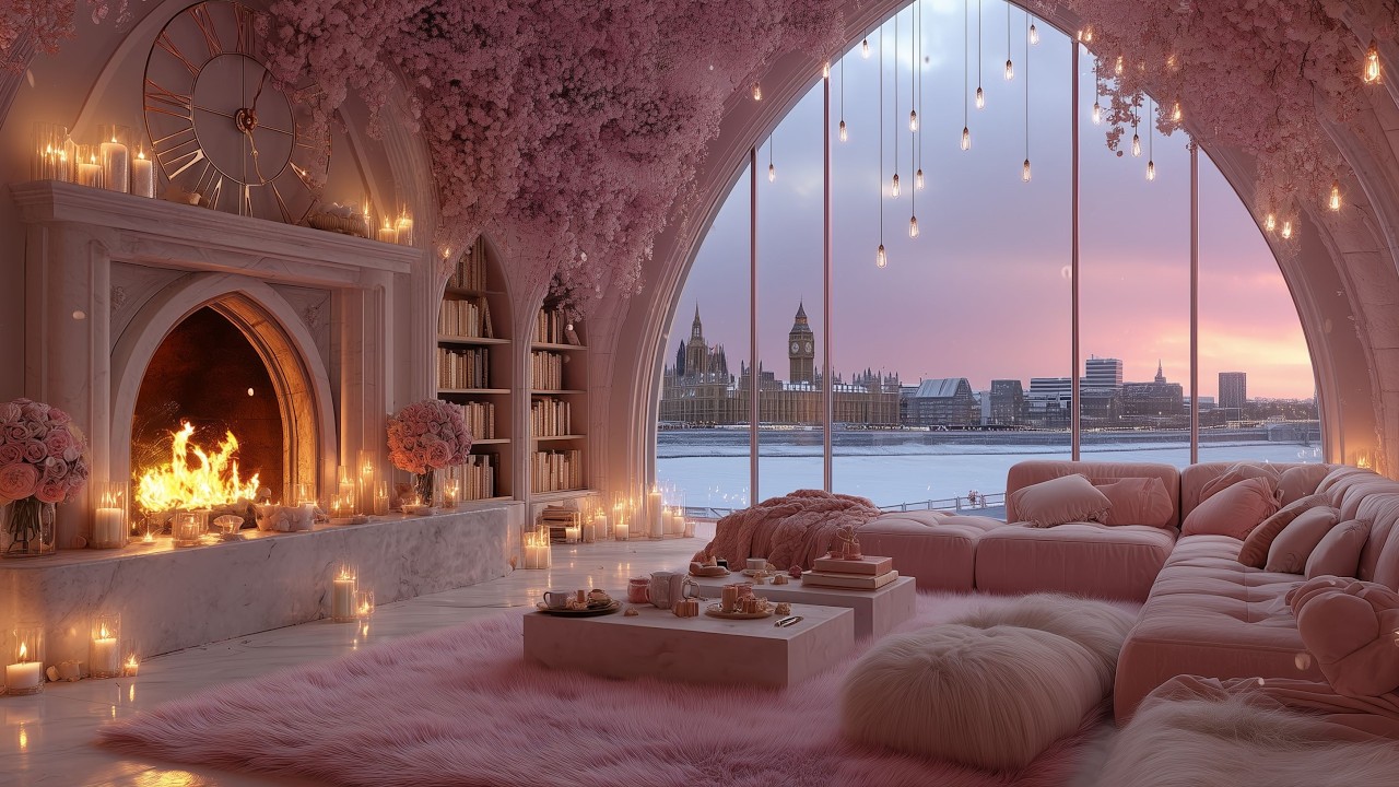 Cozy Pink Winter Room 🔥 Gentle Piano by the Fireplace for Peaceful Sleep
