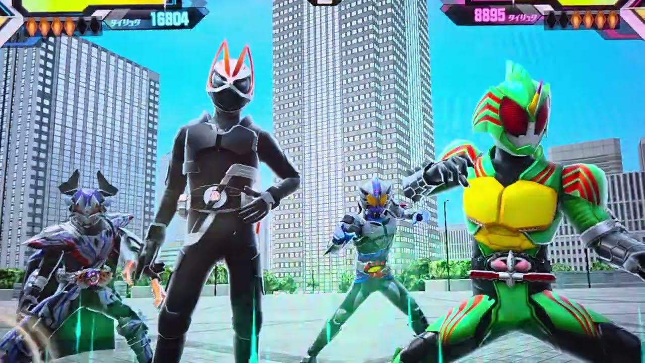 仮面ライダーバトルガンバレジェンズ　バッファプロージョンレイジ&ギーツ&アマゾンネオ&アマゾンオメガVSプラチナガッチャード&サイクロンジョーカーエクストリーム&タジャドルコンボ&ジーニアスフォーム
