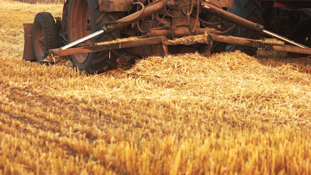 close up tractor and dry yellow straw agriculture work