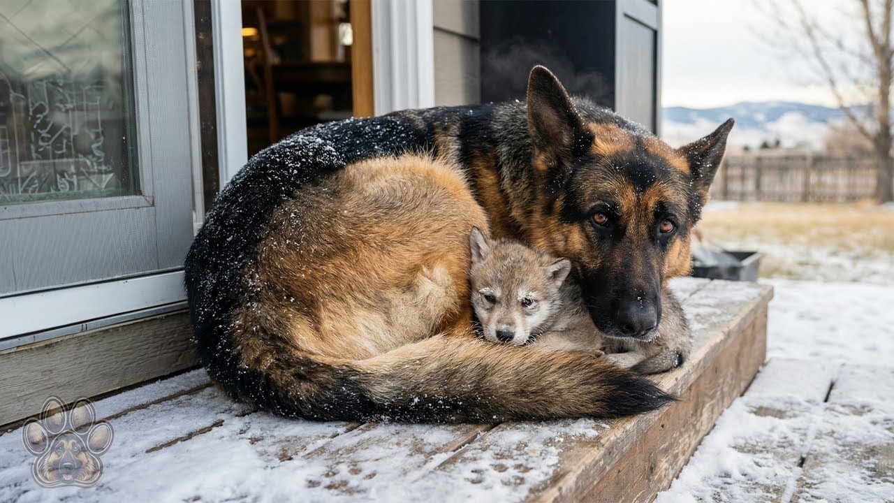 Rencontre inouïe : Un Berger Allemand trouve un louveteau transi de froid sur son seuil.