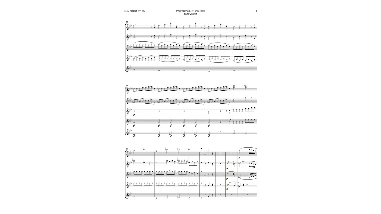 Symphony No. 40 by Mozart for Flute Quintet | SHEET MUSIC