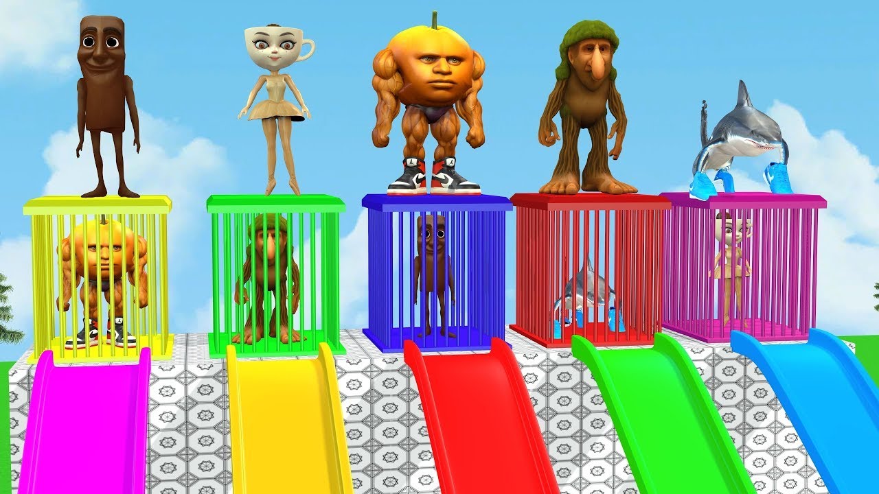 Длинная горка с коровой, слоном, гориллой, бегемотом, тигром, 3D-игра с животными, забавные 3D-жи...