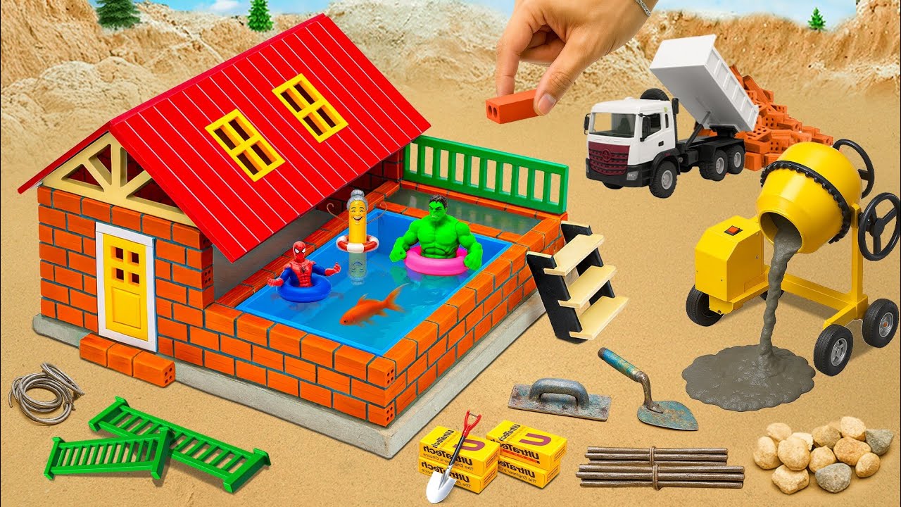 DIY Mini Tractor Builds a Strong Brick House with a Modern Swimming Pool After the Hailstorm