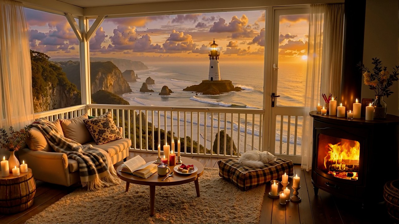 Relaxing Ocean Sunset Cabin View for Unwind 🔥 Warm Jazz Instrumental Music & Crackling Fireplace