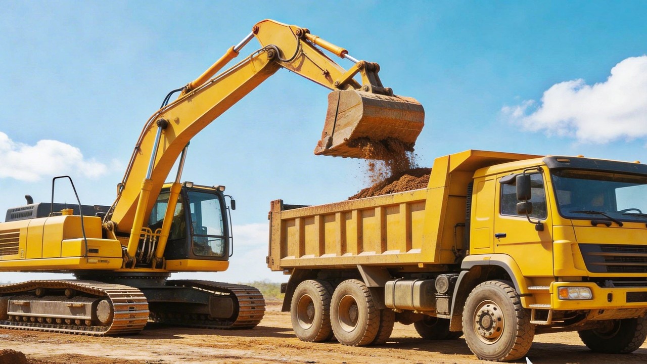 Komatsu excavator and Sany long arm excavator work together to move mud on a barge in