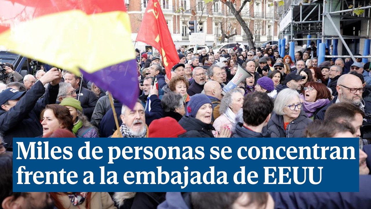 Gran manifestaci&oacute;n frente a la embajada de EEUU en Madrid contra la captura de Maduro en Venezuela