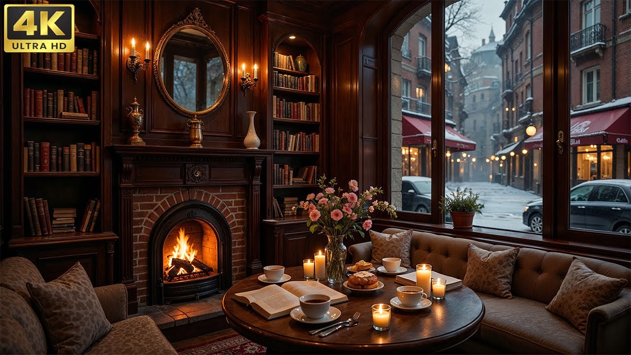 ☃️ Warm Winter Jazz at Cozy Coffee Shop Ambience ☕ Cozy Fireplace Sounds for Study, Work & Relaxing