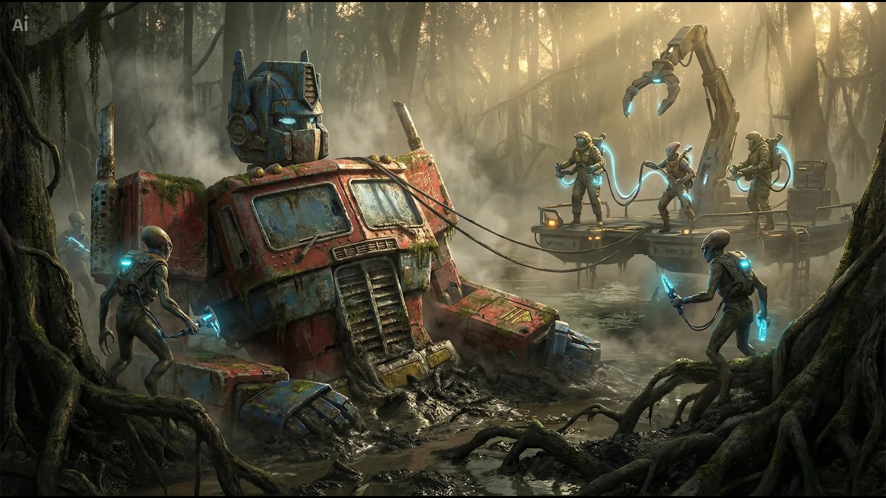 Alien Workers Recover Rusted Optimus Prime from a Swamp Mud Sinkhole | UFO Factory Restoration