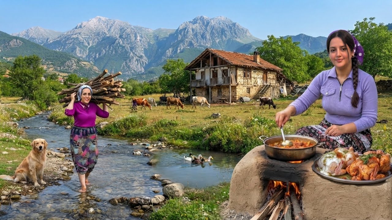 IRAN rural life; cooking chickens with Walnut and rice 