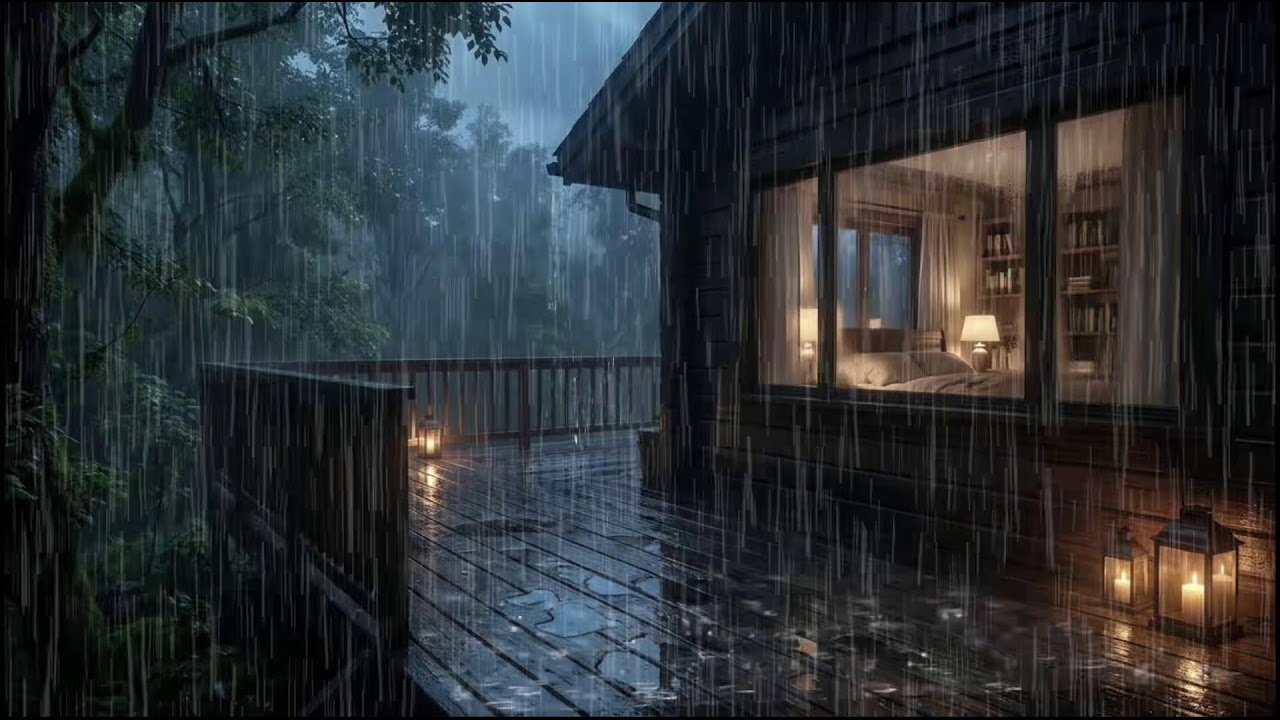 Soft rain by a cozy forest cabin, midnight rain soundscape guiding sleep ease and insomnia comfort