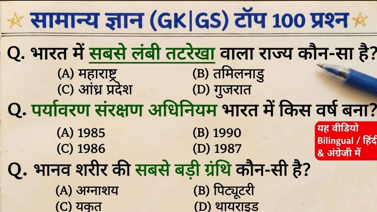 सामान्य ज्ञान ।। General Knowledge ।। Top 100 Gk Questions ।। Railway, Ssc, teaching ।। Gk Quiz 